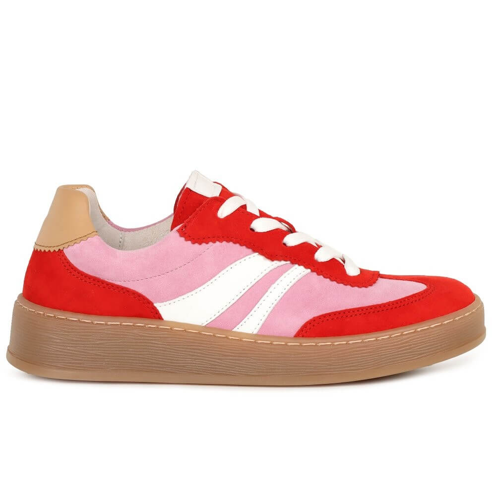 Red and pink sneaker with a beige heel on a white background