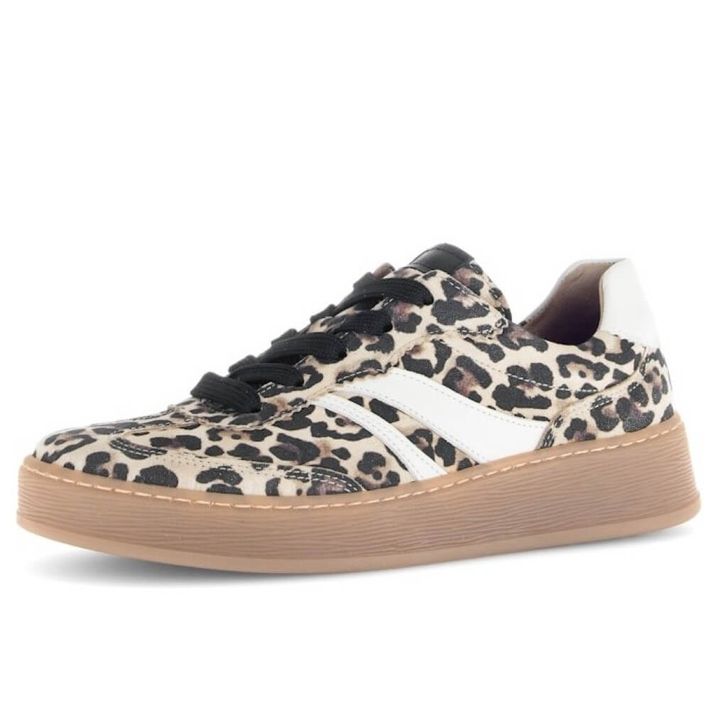 Leopard print sneaker with a white sole on a white background Gabor Dahma Laced Trainer 76.475.90 Leopard Print