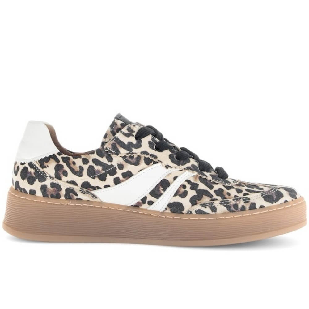 Leopard print sneaker with a white sole on a white background Gabor Dahma Laced Trainer 76.475.90 Leopard Print