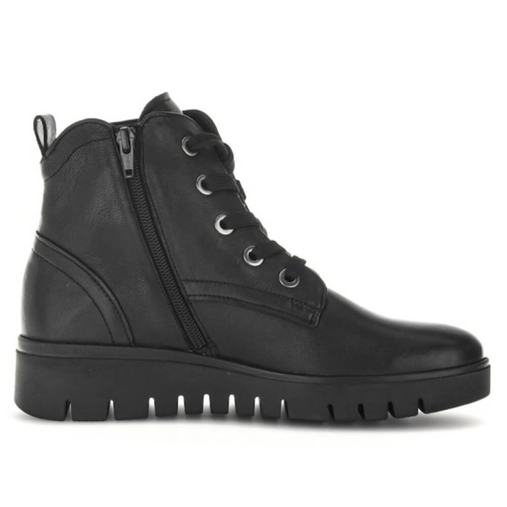 Black leather boot with zipper on a white background Gabor Dando Laced Ankle Boot 72.065-BLACK