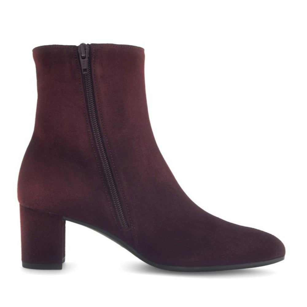 Maroon ankle boot with a zipper on a white background Gabor Dial Suede Ankle Boots 75.701 Mulberry