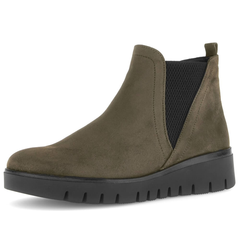 Green Chelsea boot with black sole on a white background Gabor Dublin 72.061 Suede Ankle Boots combine classic Chelsea