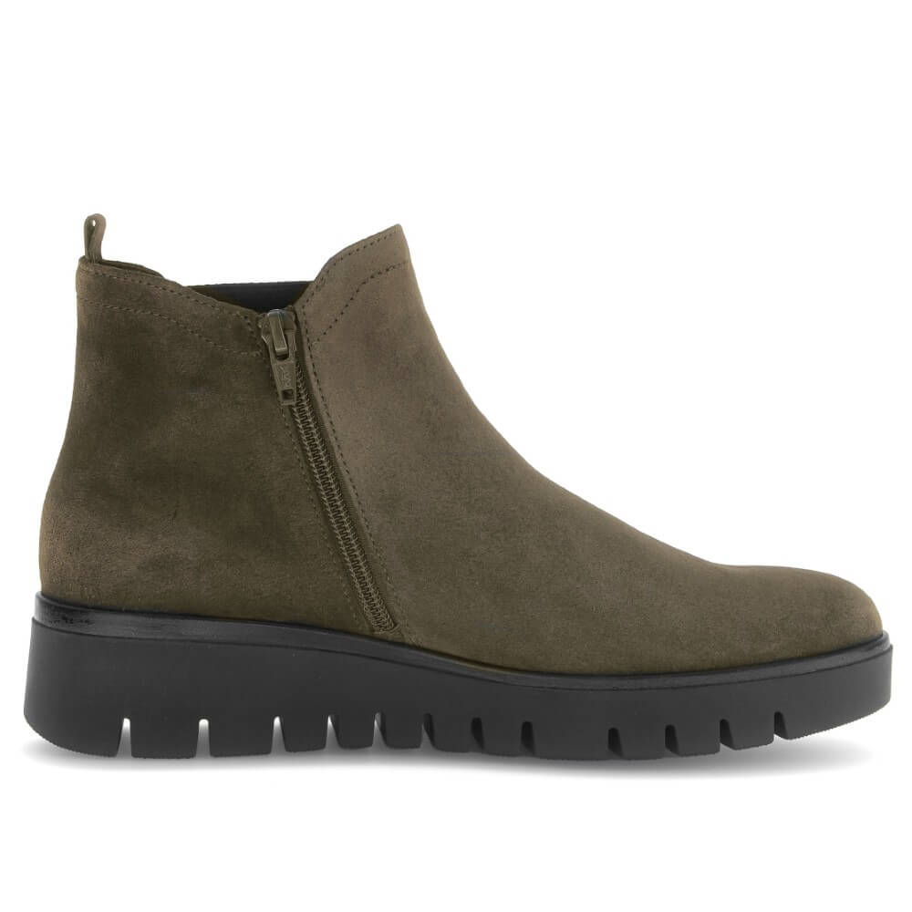 Green Chelsea boot with black sole on a white background Gabor Dublin 72.061 Suede Ankle Boots combine classic Chelsea
