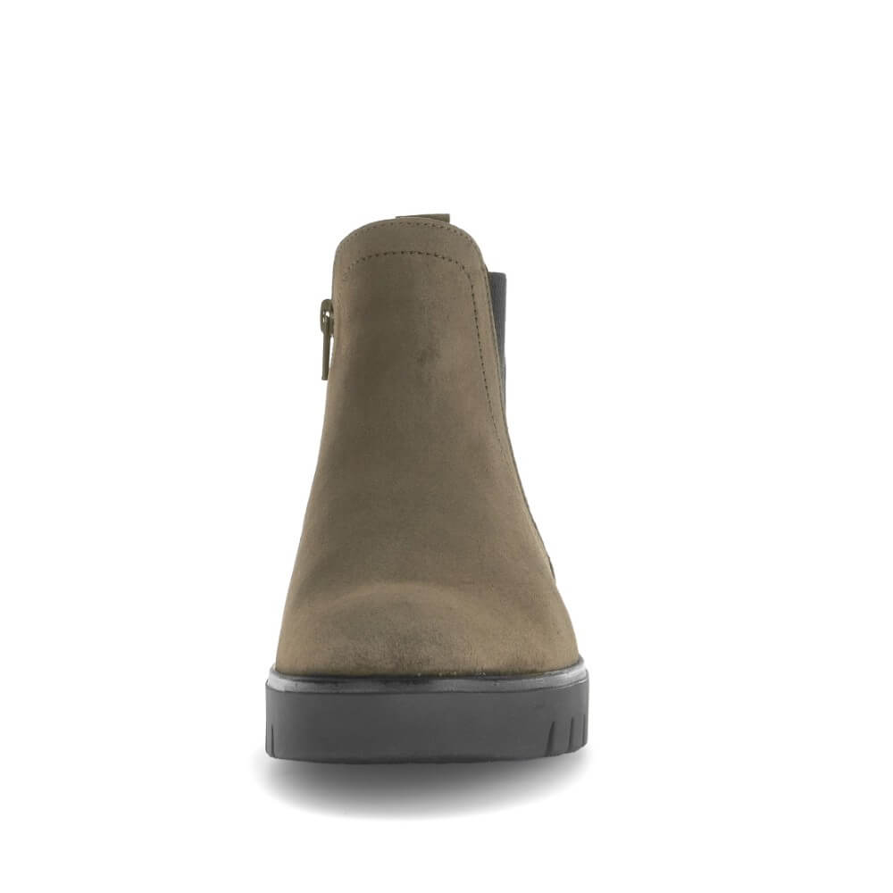 Green Chelsea boot with black sole on a white background Gabor Dublin 72.061 Suede Ankle Boots combine classic Chelsea