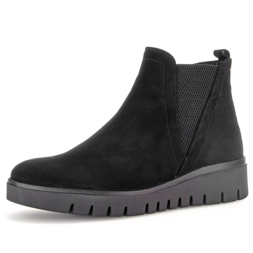 Black ankle boot with a zipper on a white background Gabor Dublin 72.061 Suede Ankle Boots combine classic Chelsea