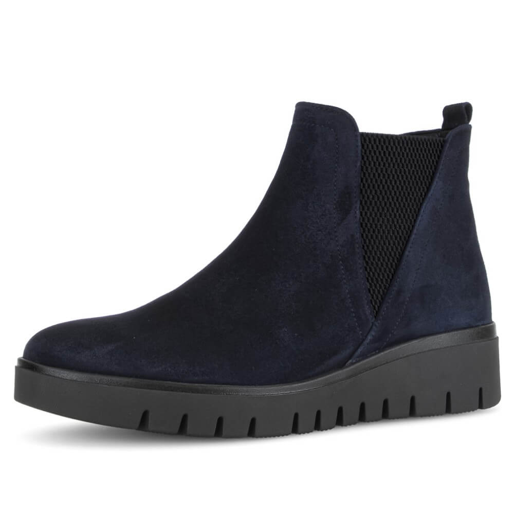 Navy blue ankle boot with black sole on a white background Gabor Dublin 72.061 Suede Ankle Boots combine classic Chelsea