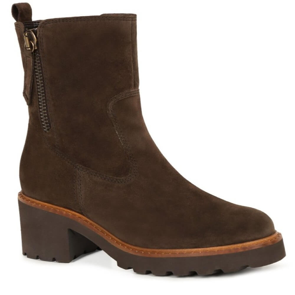 Brown suede ankle boot with a block heel on a white background