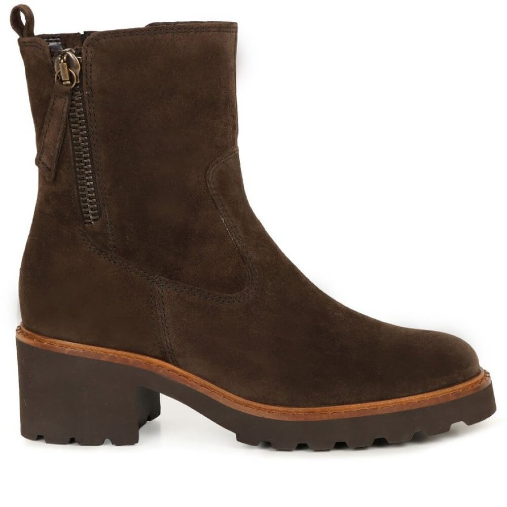 Brown suede ankle boot with a zipper on a white background