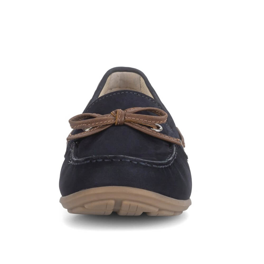 Gabor Navy blue boat shoe with brown accents on a white background