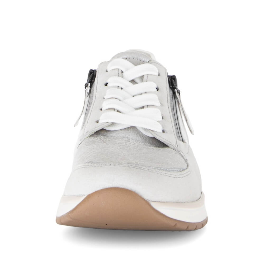 White and Silver wide fit laced trainer with two zips