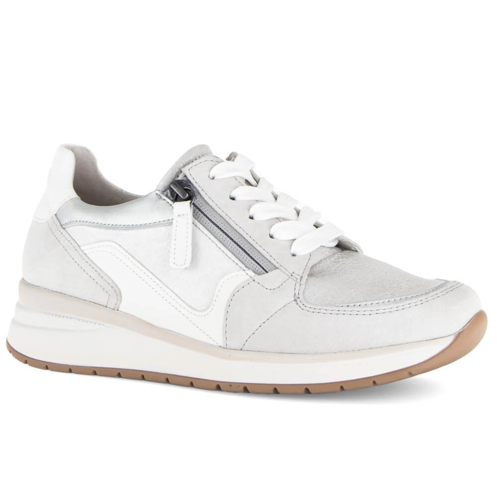White and Silver wide fit laced trainer with two zips