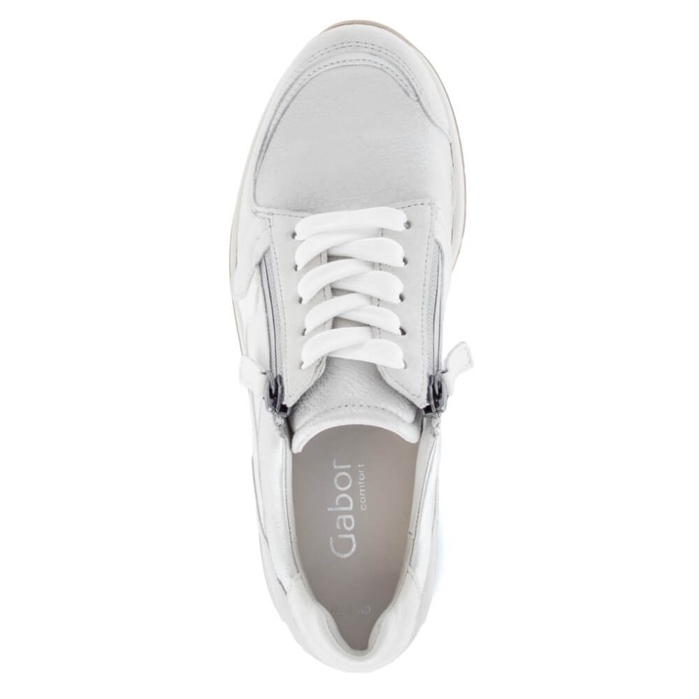 White and Silver wide fit laced trainer with two zips