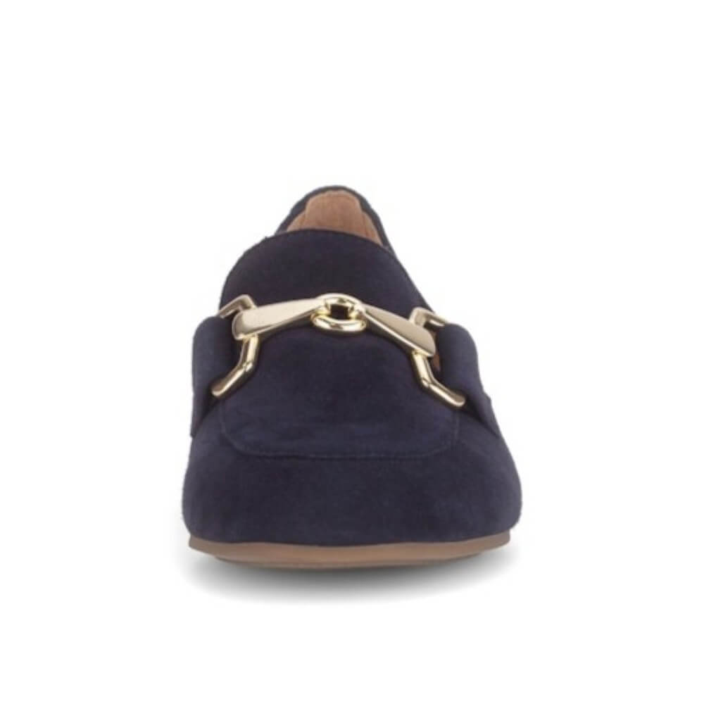 Navy blue loafer with gold buckle on a white background