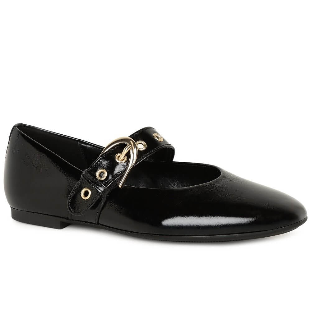 Black patent leather flat shoe with gold buckle on a white background