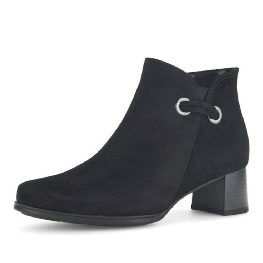 Black suede  ankle boot with a block heel on a white background Gabor Keegan Leather Ankle Boot 72.827-BLACK SUEDE