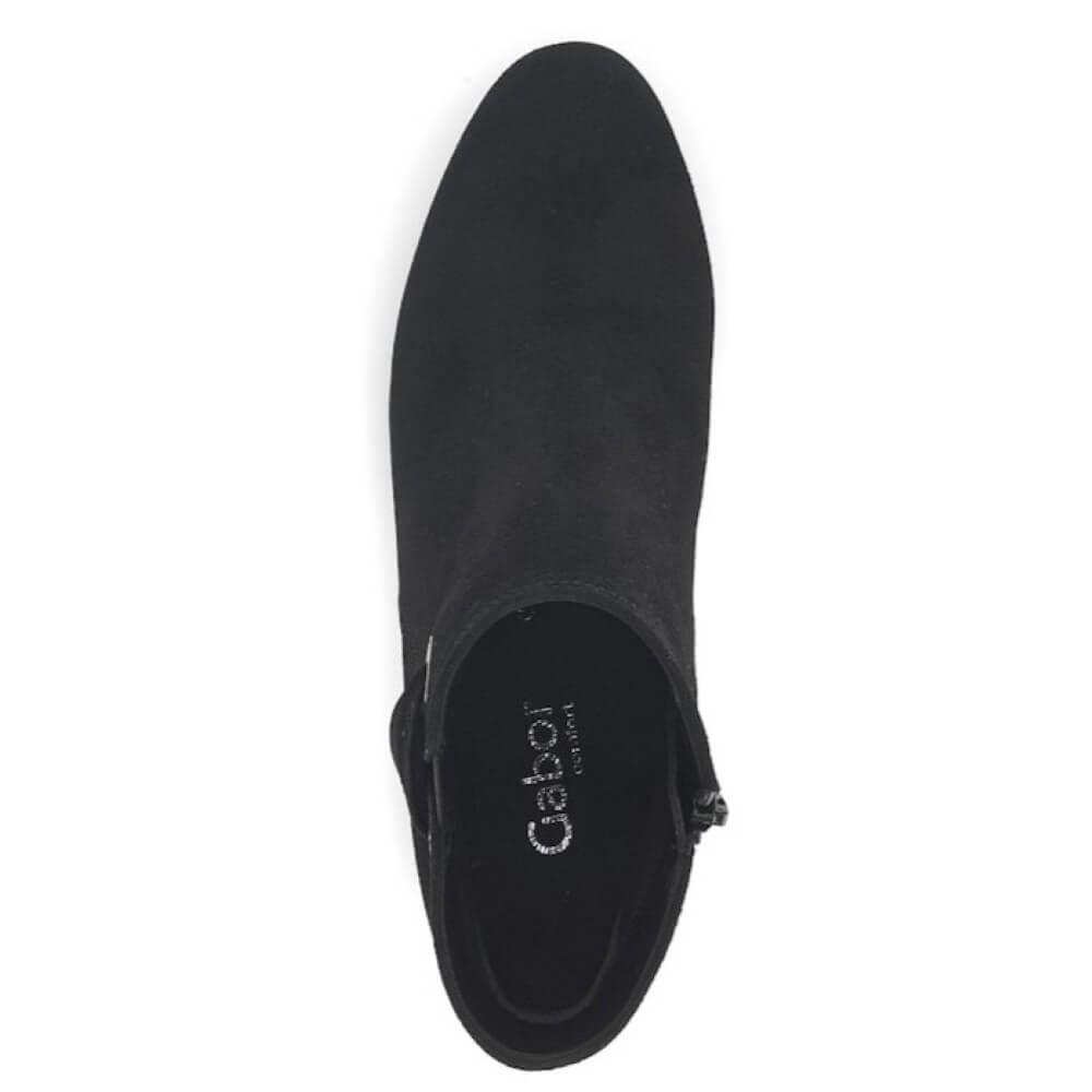 Black suede  ankle boot with a block heel on a white background Gabor Keegan Leather Ankle Boot 72.827-BLACK SUEDE