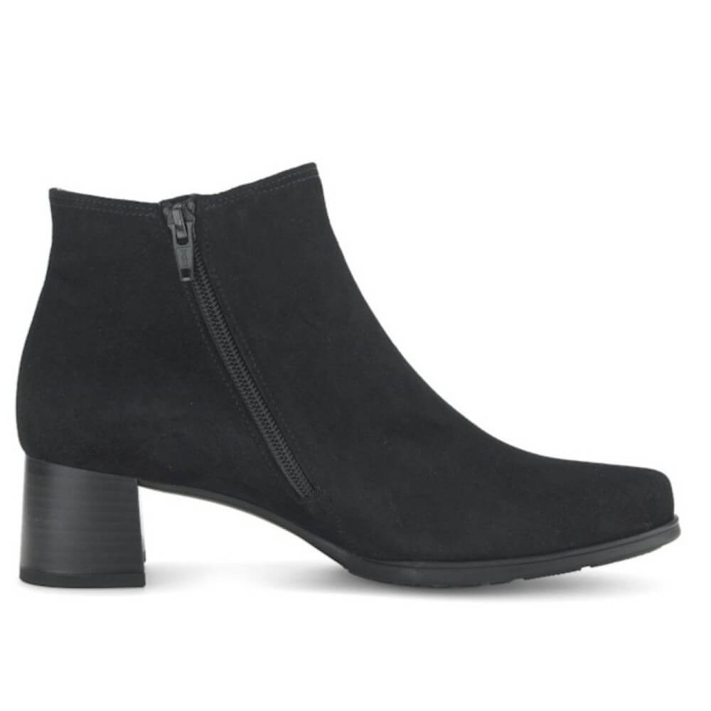 Black suede  ankle boot with a block heel on a white background Gabor Keegan Leather Ankle Boot 72.827-BLACK SUEDE
