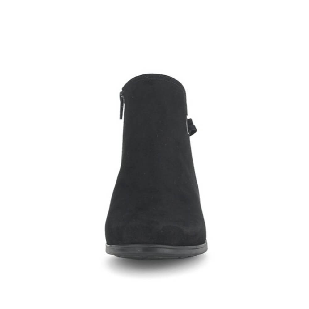 Black suede  ankle boot with a block heel on a white background Gabor Keegan Leather Ankle Boot 72.827-BLACK SUEDE