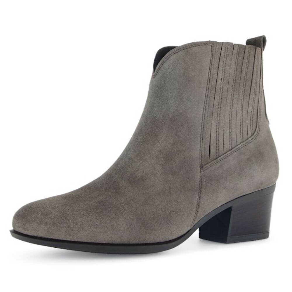 Western Style Gray suede ankle boot on a white background Gabor Kristin 76.682 Taking inspiration from Western designs