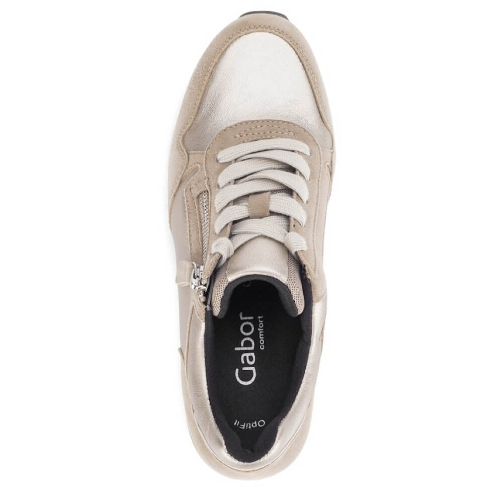 Beige sneaker with white laces on a white background