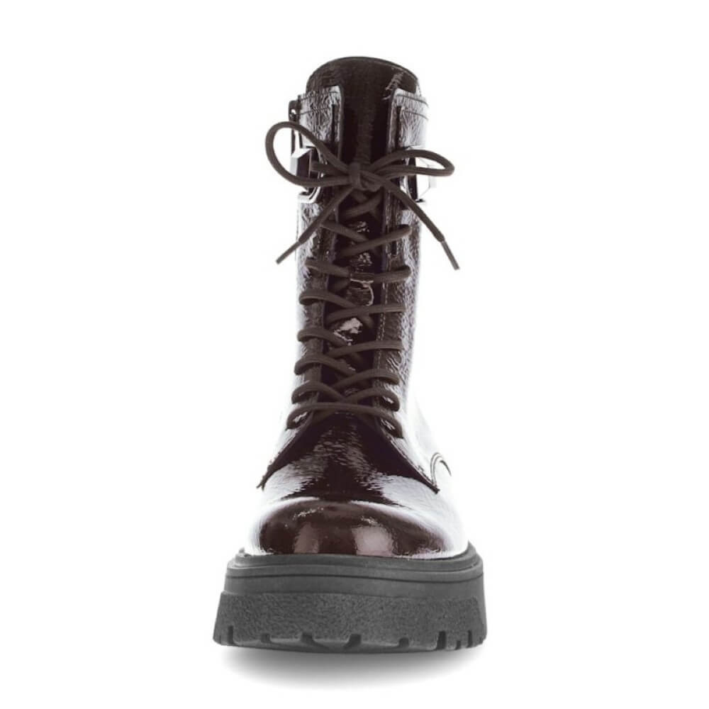 Brown patent leather boot with a thick sole on a white background Gabor Merry Biker Boot 71.761 Brown Patent