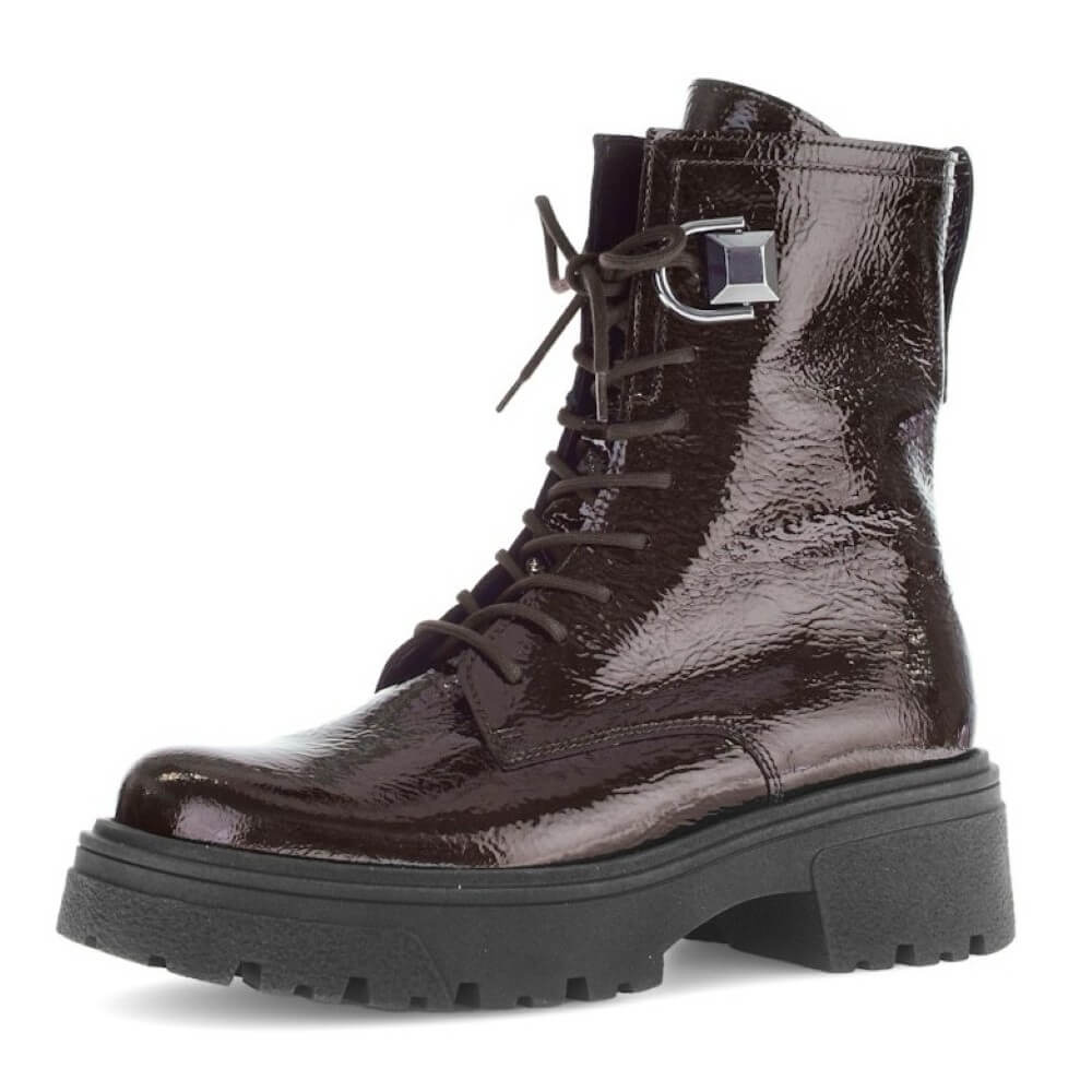 Brown patent leather boot with a thick sole on a white background Gabor Merry Biker Boot 71.761 Brown Patent