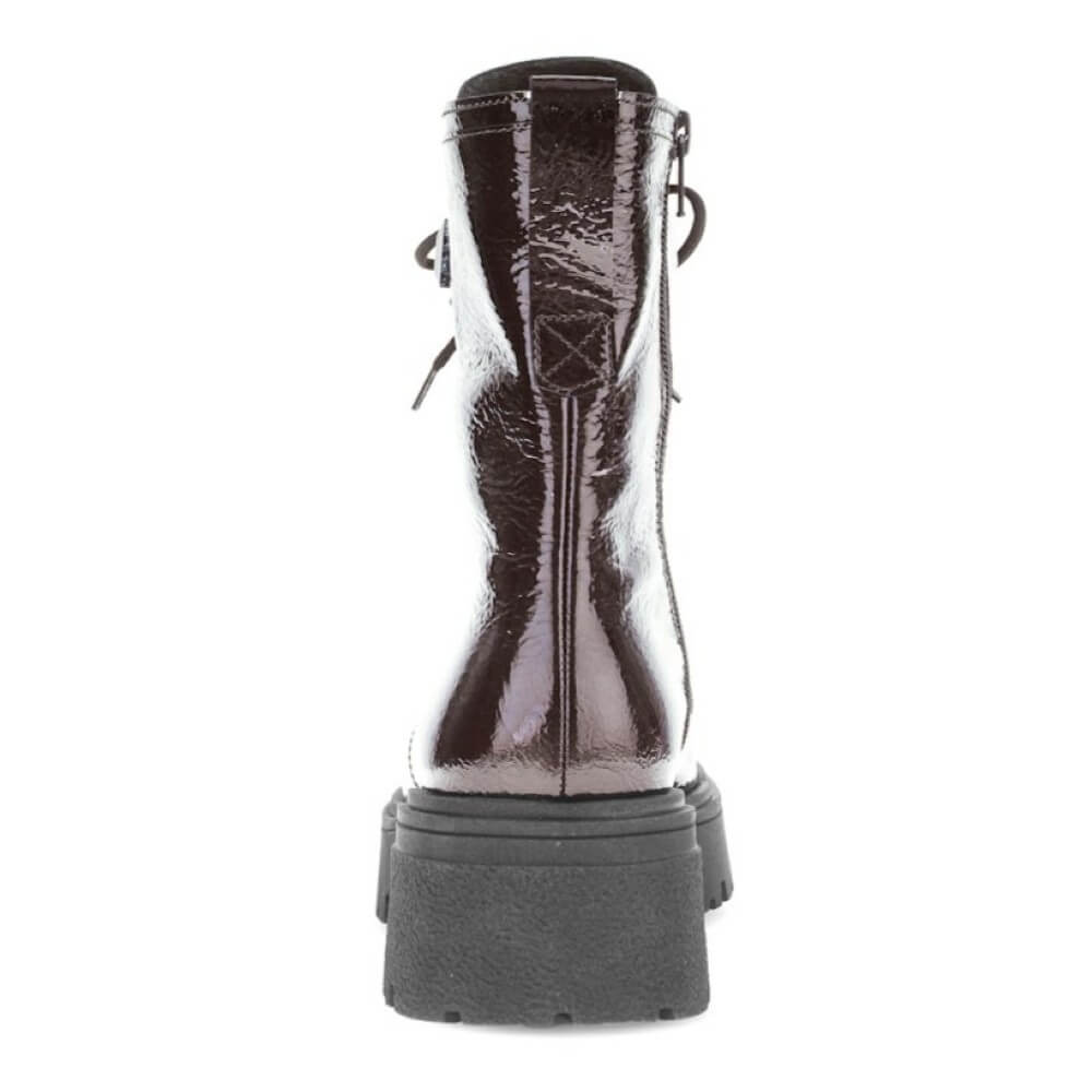 Brown patent leather boot with a thick sole on a white background Gabor Merry Biker Boot 71.761 Brown Patent