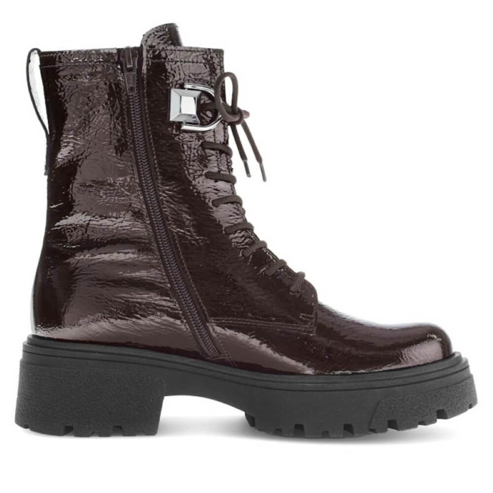 Brown patent leather boot with a thick sole on a white background Gabor Merry Biker Boot 71.761 Brown Patent