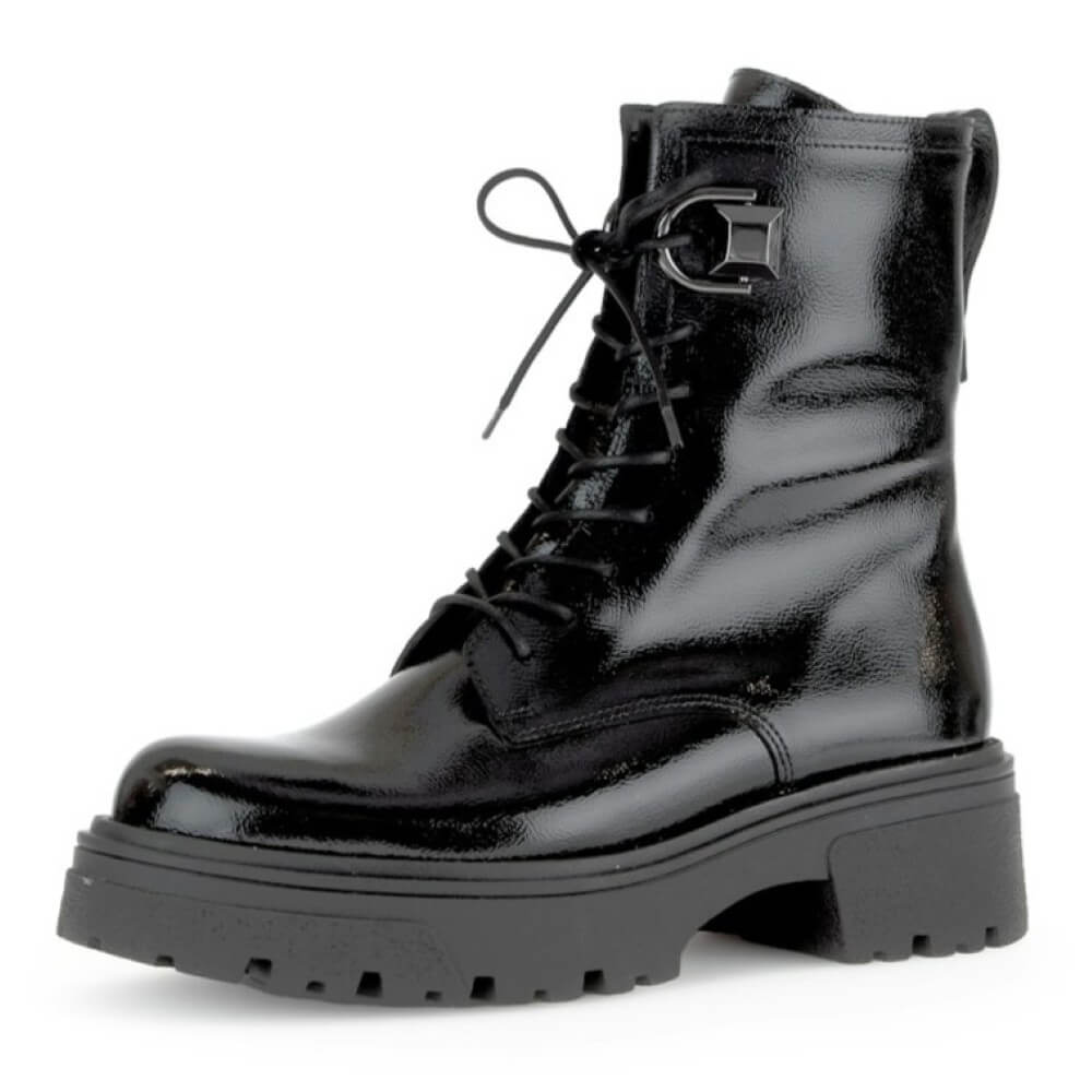 Black patent leather boot with a thick sole on a white background Gabor Merry Biker Boot 71.761 Black Patent