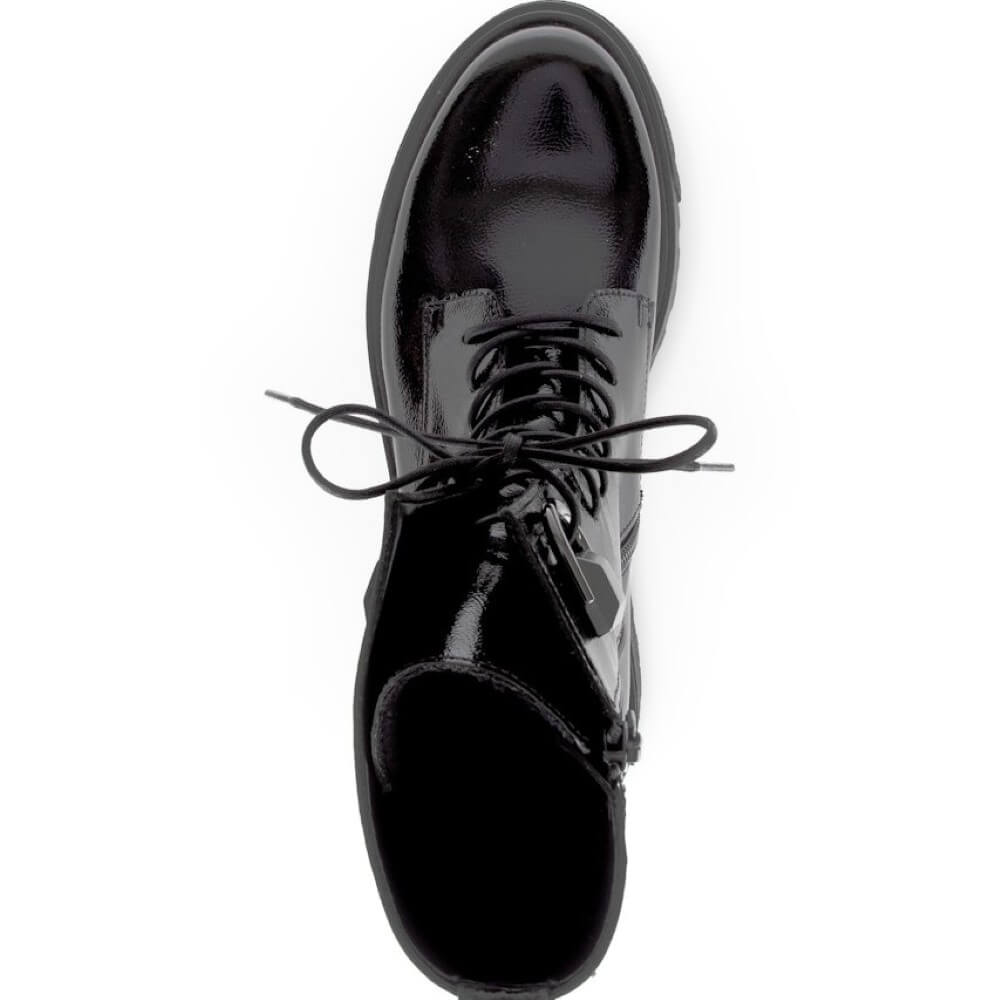 Black patent leather boot with a thick sole on a white background Gabor Merry Biker Boot 71.761 Black Patent