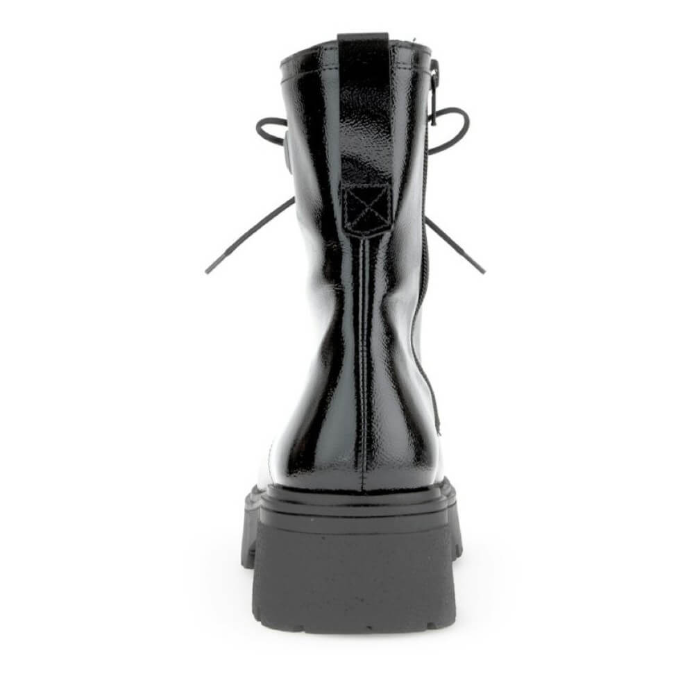 Black patent leather boot with a thick sole on a white background Gabor Merry Biker Boot 71.761 Black Patent