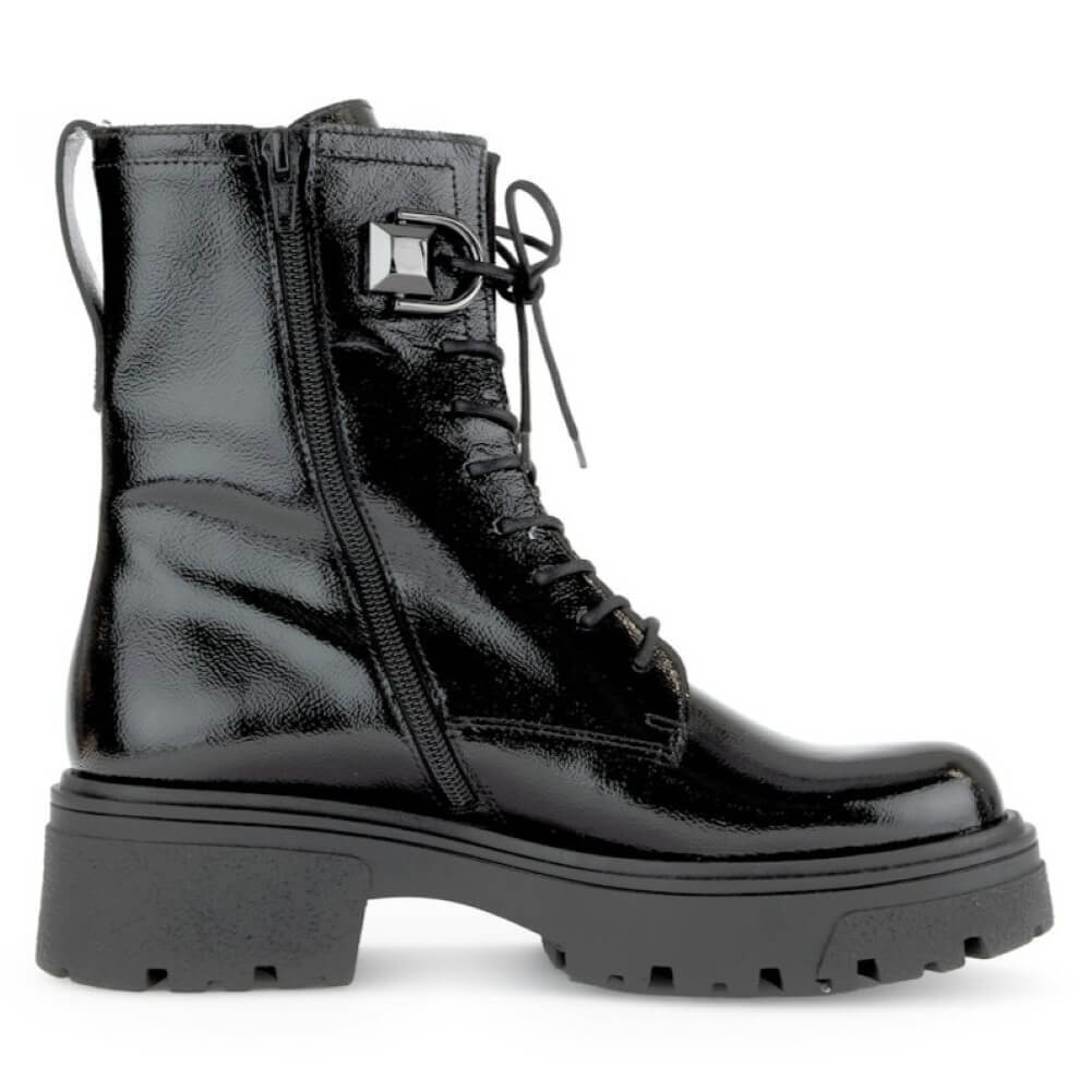 Black patent leather boot with a thick sole on a white background Gabor Merry Biker Boot 71.761 Black Patent