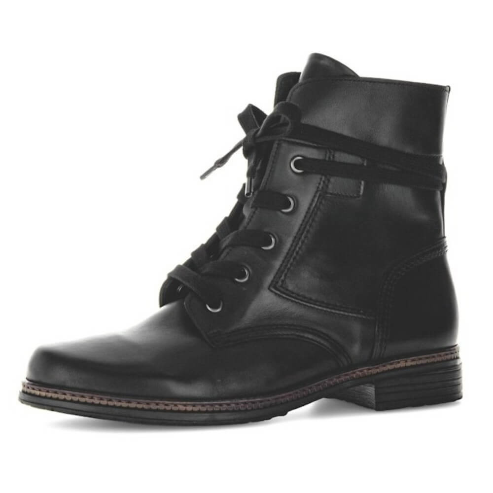 Black leather boot with lace-up and zipper design on a white background Gabor Nerissa Leather Ankle Boot 74.674-BLACK