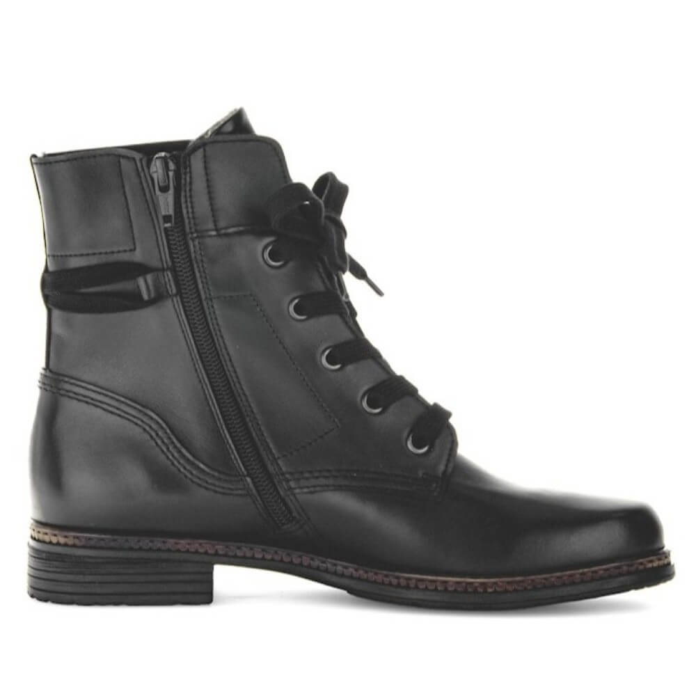 Black leather boot with lace-up and zipper design on a white background Gabor Nerissa Leather Ankle Boot 74.674-BLACK