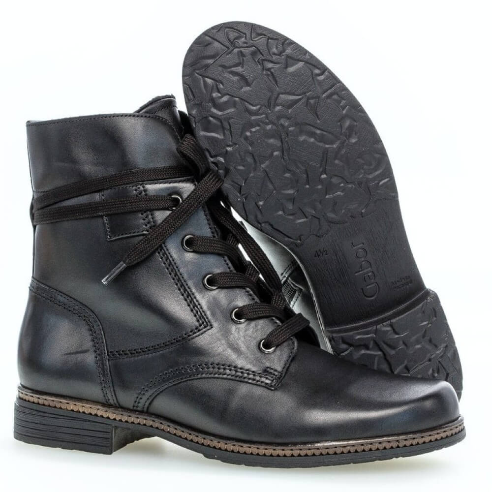Black leather boot with lace-up and zipper design on a white background Gabor Nerissa Leather Ankle Boot 74.674-BLACK