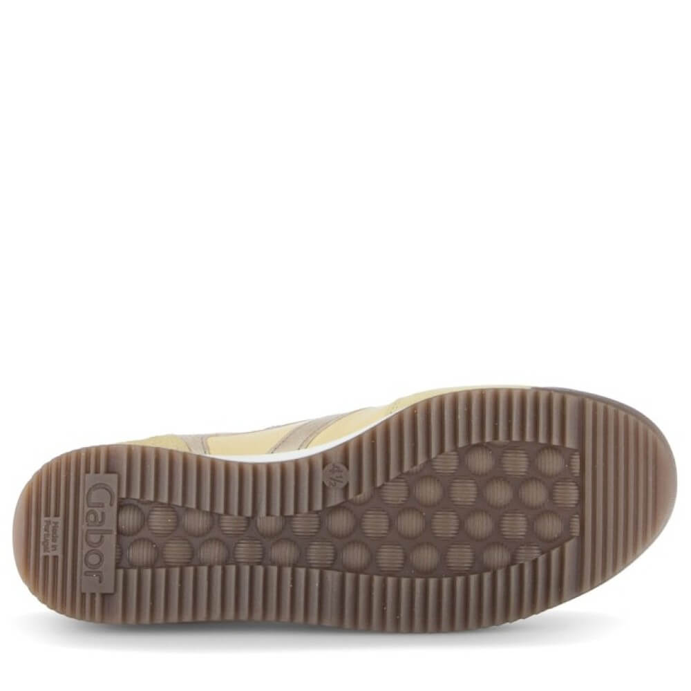 Close-up of a shoe sole with 'Gabor' branding on a white background