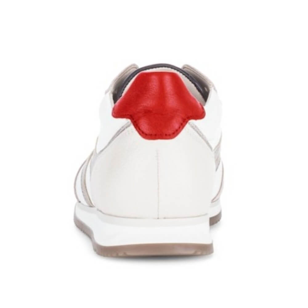 White sneaker with a red heel on a white background