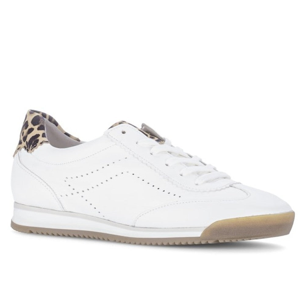 Off white leather retro sneaker with a pop of Leopard