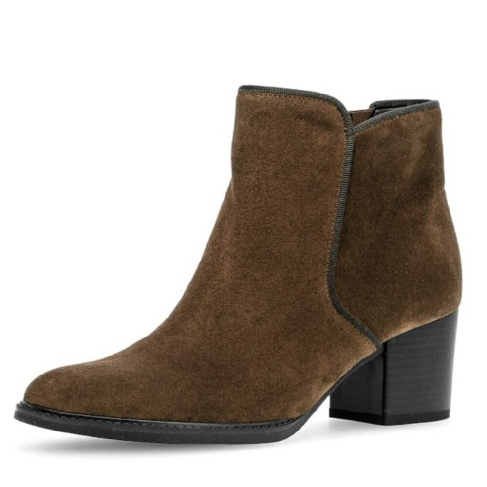 Brown suede ankle boot with a block heel on a white background Gabor Robina 72.990 Suede Ankle Boots Whiskey