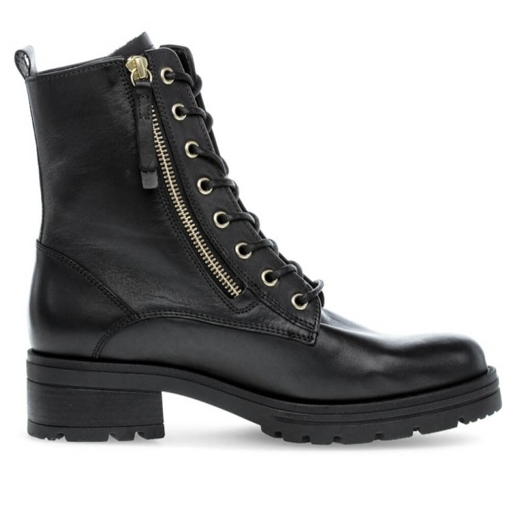 Black leather boot with two gold zipper sand laces on a white background Gabor Serve biker boots 72.785 Black