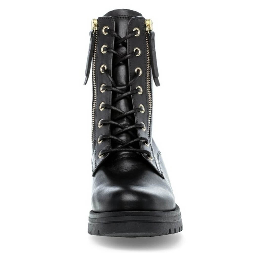 Black leather boot with two gold zipper sand laces on a white background Gabor Serve biker boots 72.785 Black