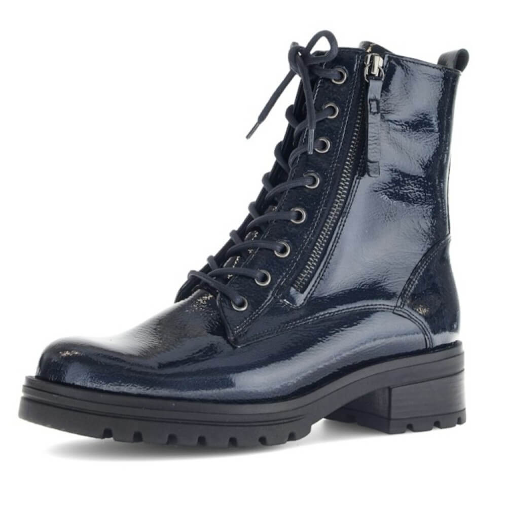 Navy blue patent leather boot with laces and  2 zippers  on a white background Gabor Serve Biker Boots 72.785 Navy Patent Leather