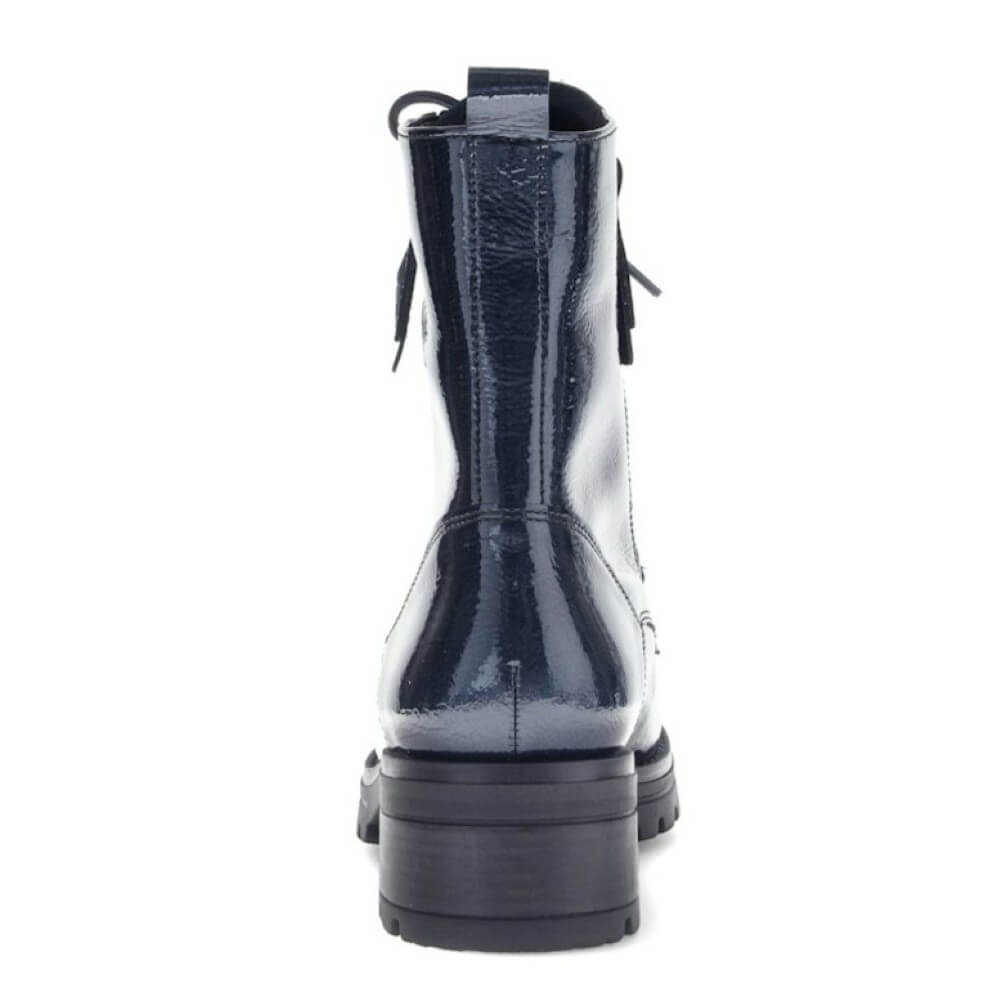 Navy blue patent leather boot with laces and  2 zippers  on a white background Gabor Serve Biker Boots 72.785 Navy Patent Leather