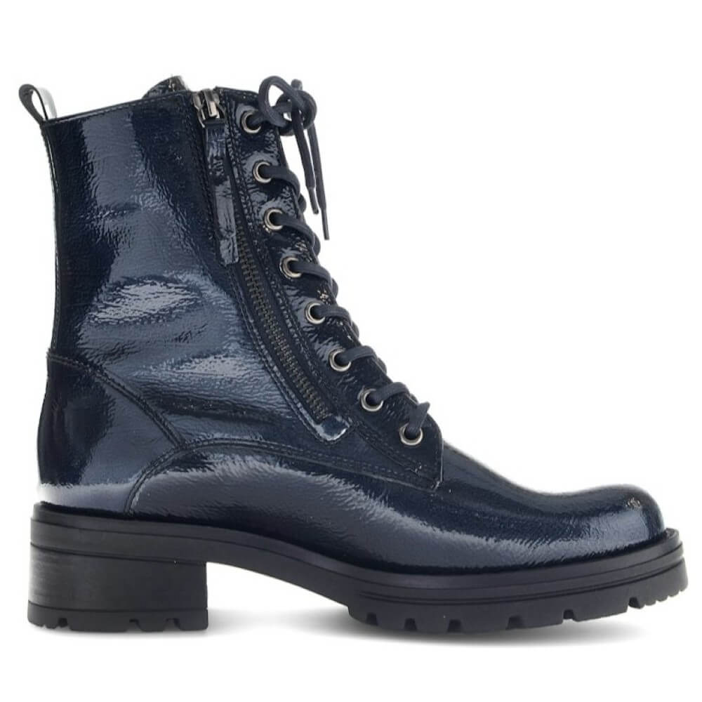 Navy blue patent leather boot with laces and  2 zippers  on a white background Gabor Serve Biker Boots 72.785 Navy Patent Leather