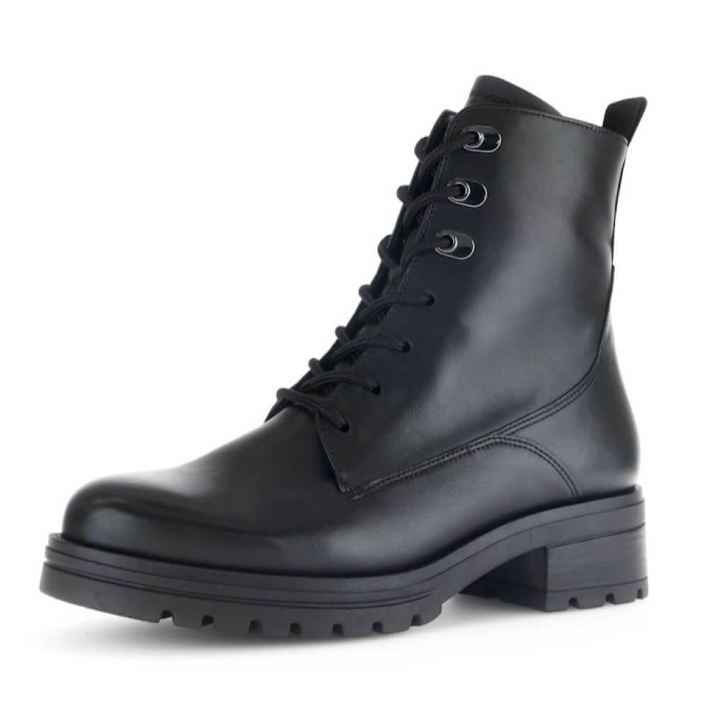 Black leather boot with laces on a white background Gabor Sing Laced Leather Boot 72.786-BLACK