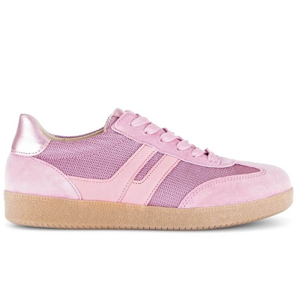 Pink sneaker with metallic accents on a white background