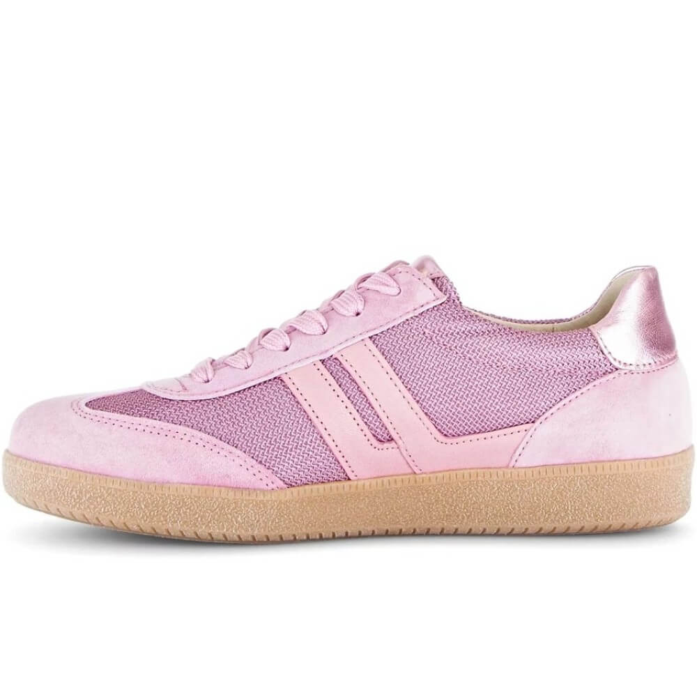 Pink sneakers with 'Gabor' branding on a white background