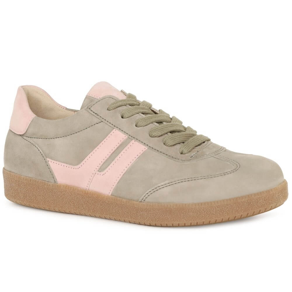 Sneaker with pink accents on a white background