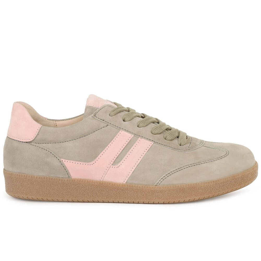 Sneaker with pink and beige design on a white background