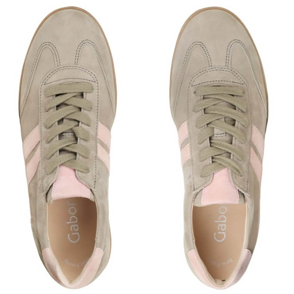 Pair of beige and pink sneakers with 'Gabor' branding on a white background